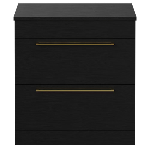 Napoli Nero Oak 800mm Floor Standing Vanity Unit for Countertop Basins with 2 Drawers and Brushed Brass Handles Front View