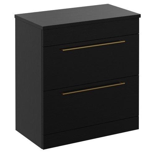 Napoli Nero Oak 800mm Floor Standing Vanity Unit for Countertop Basins with 2 Drawers and Brushed Brass Handles Left Hand View