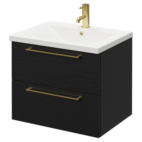Napoli Nero Oak 600mm Wall Mounted Vanity Unit with 1 Tap Hole Basin and 2 Drawers with Brushed Brass Handles Right Hand View