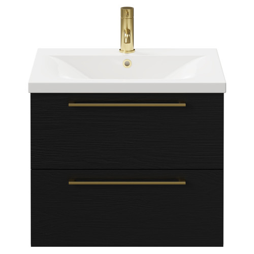 Napoli Nero Oak 600mm Wall Mounted Vanity Unit with 1 Tap Hole Basin and 2 Drawers with Brushed Brass Handles Front View