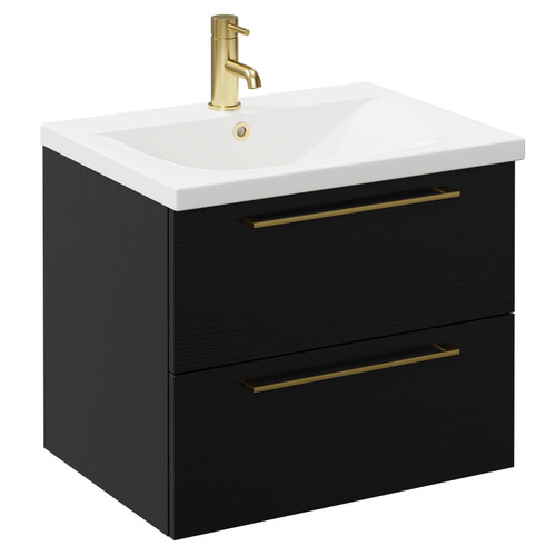 Napoli Nero Oak 600mm Wall Mounted Vanity Unit with 1 Tap Hole Basin and 2 Drawers with Brushed Brass Handles Left Hand View