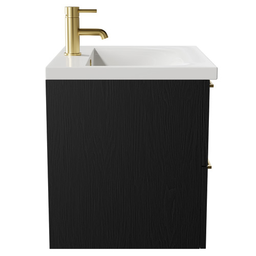 Napoli Nero Oak 600mm Wall Mounted Vanity Unit with 1 Tap Hole Basin and 2 Drawers with Brushed Brass Handles Side View