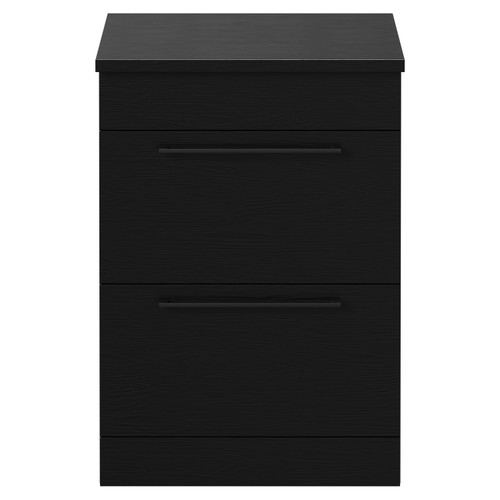 Napoli Nero Oak 600mm Floor Standing Vanity Unit for Countertop Basins with 2 Drawers and Matt Black Handles Front View
