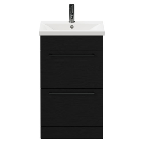 Napoli Nero Oak 500mm Floor Standing Vanity Unit with 1 Tap Hole Basin and 2 Drawers with Gunmetal Grey Handles Front View