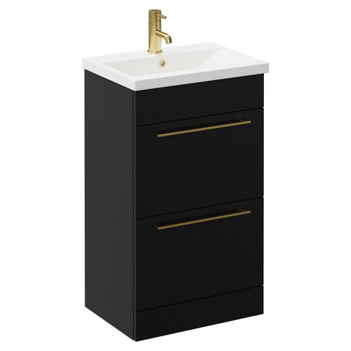 Napoli Nero Oak 500mm Floor Standing Vanity Unit with 1 Tap Hole Basin and 2 Drawers with Brushed Brass Handles Left Hand View