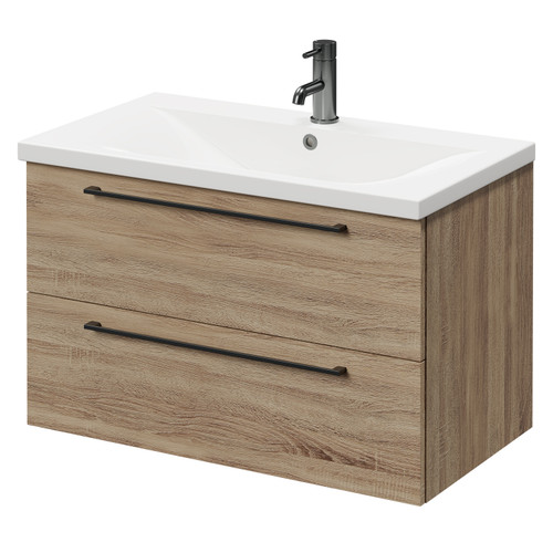 Napoli Bordalino Oak 800mm Wall Mounted Vanity Unit with 1 Tap Hole Basin and 2 Drawers with Gunmetal Grey Handles Right Hand View