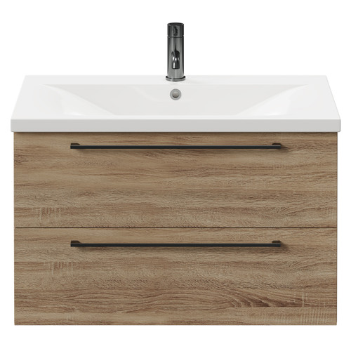 Napoli Bordalino Oak 800mm Wall Mounted Vanity Unit with 1 Tap Hole Basin and 2 Drawers with Gunmetal Grey Handles Front View