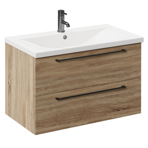Napoli Bordalino Oak 800mm Wall Mounted Vanity Unit with 1 Tap Hole Basin and 2 Drawers with Gunmetal Grey Handles Left Hand View