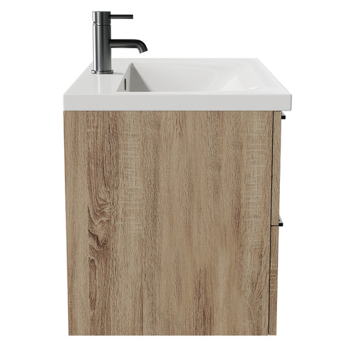 Napoli Bordalino Oak 800mm Wall Mounted Vanity Unit with 1 Tap Hole Basin and 2 Drawers with Gunmetal Grey Handles Side View