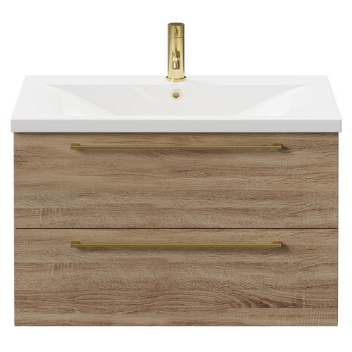 Napoli Bordalino Oak 800mm Wall Mounted Vanity Unit with 1 Tap Hole Basin and 2 Drawers with Brushed Brass Handles Front View