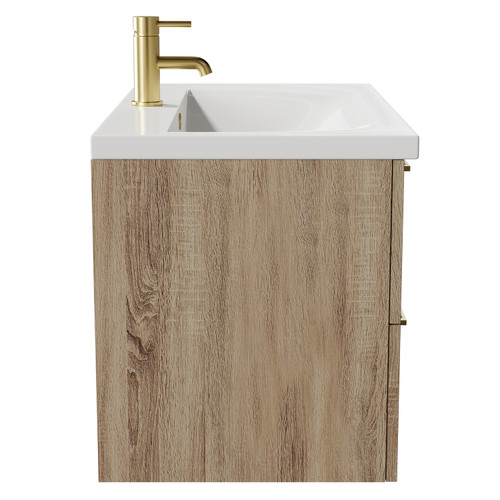 Napoli Bordalino Oak 800mm Wall Mounted Vanity Unit with 1 Tap Hole Basin and 2 Drawers with Brushed Brass Handles Side View