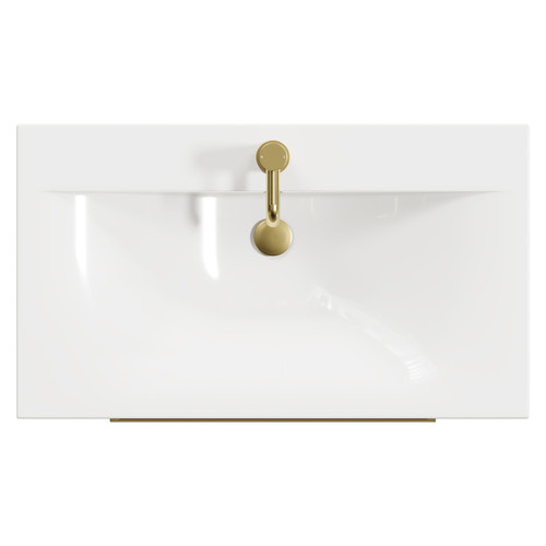 Napoli Bordalino Oak 800mm Wall Mounted Vanity Unit with 1 Tap Hole Basin and 2 Drawers with Brushed Brass Handles View from Top