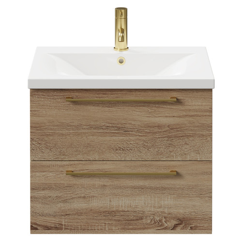 Napoli Bordalino Oak 600mm Wall Mounted Vanity Unit with 1 Tap Hole Basin and 2 Drawers with Brushed Brass Handles Front View