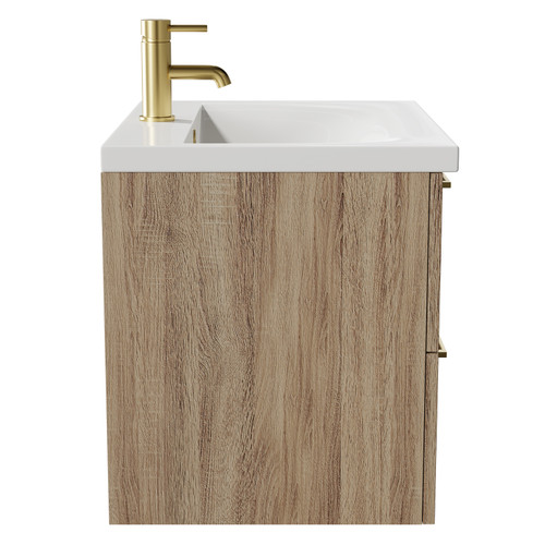 Napoli Bordalino Oak 600mm Wall Mounted Vanity Unit with 1 Tap Hole Basin and 2 Drawers with Brushed Brass Handles Side View