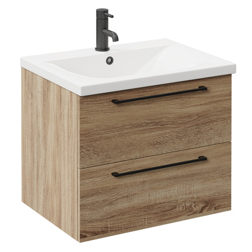 Napoli Bordalino Oak 600mm Wall Mounted Vanity Unit with 1 Tap Hole Basin and 2 Drawers with Matt Black Handles Left Hand View