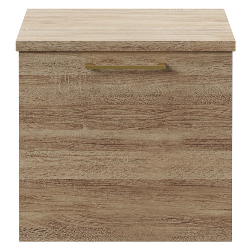 Napoli Bordalino Oak 500mm Wall Mounted Vanity Unit for Countertop Basins with Single Drawer and Brushed Brass Handle Front View