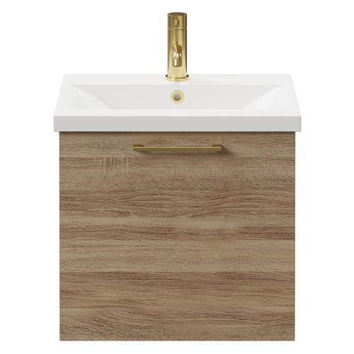 Napoli Bordalino Oak 500mm Wall Mounted Vanity Unit with 1 Tap Hole Basin and Single Drawer with Brushed Brass Handle Front View