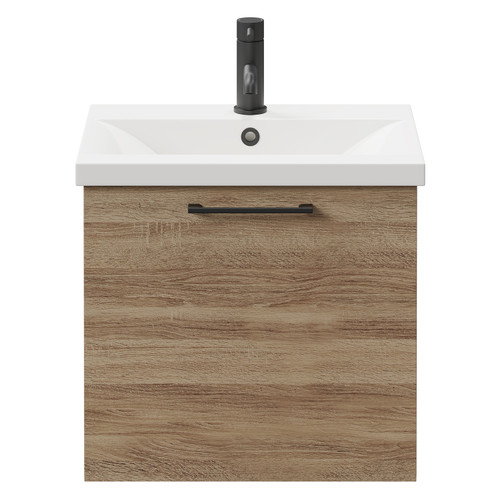 Napoli Bordalino Oak 500mm Wall Mounted Vanity Unit with 1 Tap Hole Basin and Single Drawer with Matt Black Handle Front View