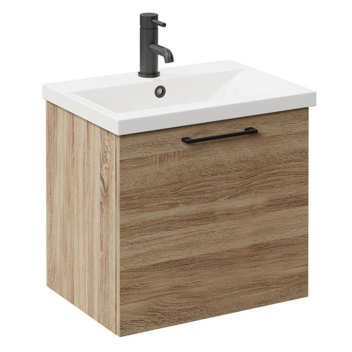 Napoli Bordalino Oak 500mm Wall Mounted Vanity Unit with 1 Tap Hole Basin and Single Drawer with Matt Black Handle Left Hand View