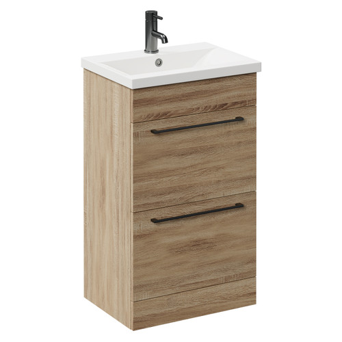 Napoli Bordalino Oak 500mm Floor Standing Vanity Unit with 1 Tap Hole Basin and 2 Drawers with Gunmetal Grey Handles Left Hand View