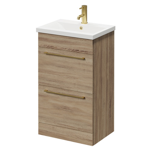 Napoli Bordalino Oak 500mm Floor Standing Vanity Unit with 1 Tap Hole Basin and 2 Drawers with Brushed Brass Handles Right Hand View