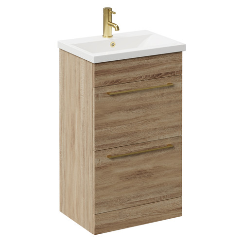Napoli Bordalino Oak 500mm Floor Standing Vanity Unit with 1 Tap Hole Basin and 2 Drawers with Brushed Brass Handles Left Hand View