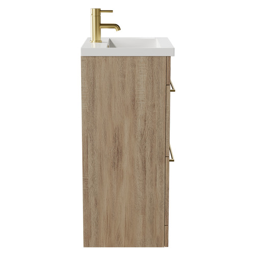 Napoli Bordalino Oak 500mm Floor Standing Vanity Unit with 1 Tap Hole Basin and 2 Drawers with Brushed Brass Handles Side View