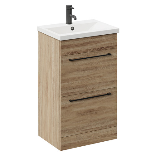 Napoli Bordalino Oak 500mm Floor Standing Vanity Unit with 1 Tap Hole Basin and 2 Drawers with Matt Black Handles Left Hand View