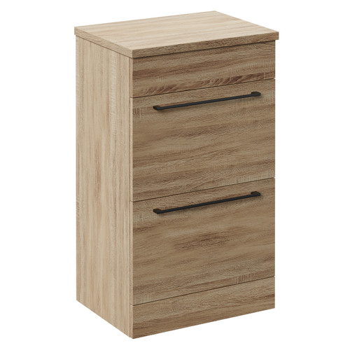 Napoli Bordalino Oak 500mm Floor Standing Vanity Unit for Countertop Basins with 2 Drawers and Gunmetal Grey Handles Left Hand View