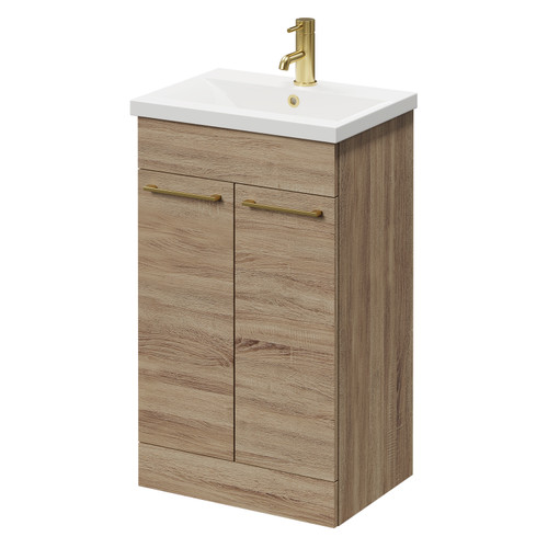 Napoli Bordalino Oak 500mm Floor Standing Vanity Unit with 1 Tap Hole Basin and 2 Doors with Brushed Brass Handles Right Hand View