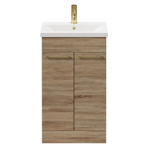 Napoli Bordalino Oak 500mm Floor Standing Vanity Unit with 1 Tap Hole Basin and 2 Doors with Brushed Brass Handles Front View