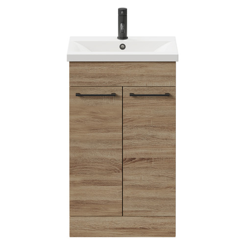 Napoli Bordalino Oak 500mm Floor Standing Vanity Unit with 1 Tap Hole Basin and 2 Doors with Matt Black Handles Front View