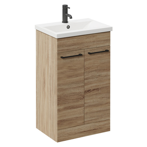 Napoli Bordalino Oak 500mm Floor Standing Vanity Unit with 1 Tap Hole Basin and 2 Doors with Matt Black Handles Left Hand View