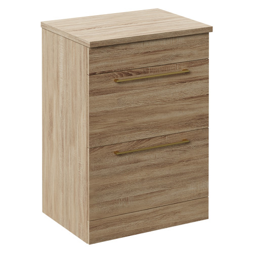 Napoli Bordalino Oak 600mm Floor Standing Vanity Unit for Countertop Basins with 2 Drawers and Brushed Brass Handles Left Hand View