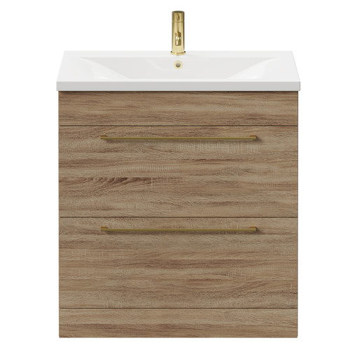 Napoli Bordalino Oak 800mm Floor Standing Vanity Unit with 1 Tap Hole Basin and 2 Drawers with Brushed Brass Handles Front View