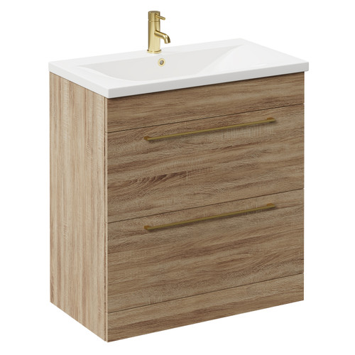 Napoli Bordalino Oak 800mm Floor Standing Vanity Unit with 1 Tap Hole Basin and 2 Drawers with Brushed Brass Handles Left Hand View