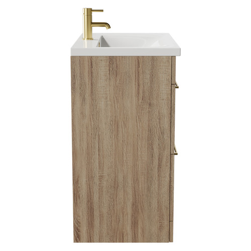 Napoli Bordalino Oak 800mm Floor Standing Vanity Unit with 1 Tap Hole Basin and 2 Drawers with Brushed Brass Handles Side View