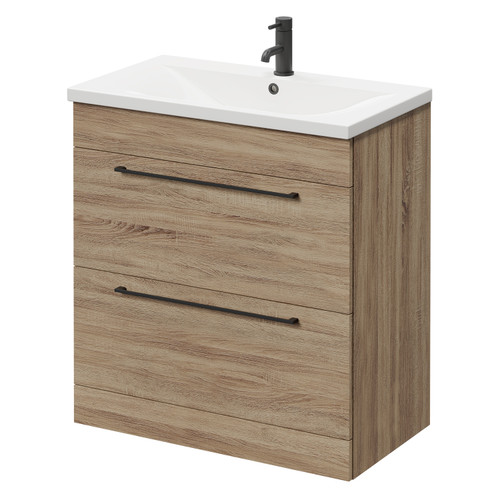 Napoli Bordalino Oak 800mm Floor Standing Vanity Unit with 1 Tap Hole Basin and 2 Drawers with Matt Black Handles Right Hand View