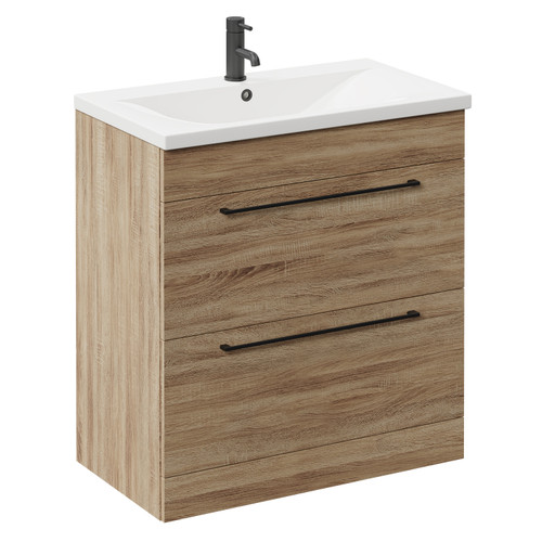 Napoli Bordalino Oak 800mm Floor Standing Vanity Unit with 1 Tap Hole Basin and 2 Drawers with Matt Black Handles Left Hand View