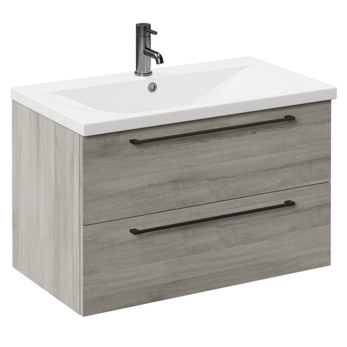 Napoli Molina Ash 800mm Wall Mounted Vanity Unit with 1 Tap Hole Basin and 2 Drawers with Gunmetal Grey Handles Left Hand View