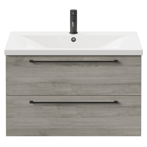 Napoli Molina Ash 800mm Wall Mounted Vanity Unit with 1 Tap Hole Basin and 2 Drawers with Matt Black Handles Front View