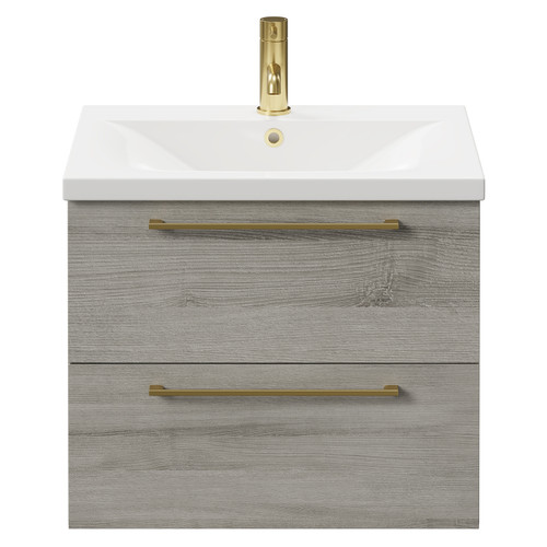 Napoli Molina Ash 600mm Wall Mounted Vanity Unit with 1 Tap Hole Basin and 2 Drawers with Brushed Brass Handles Front View