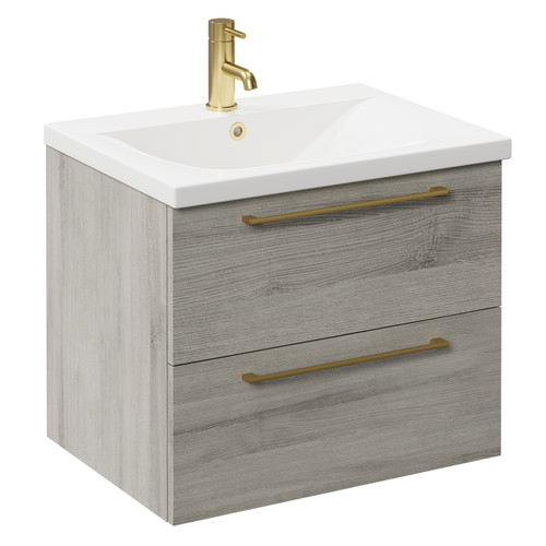 Napoli Molina Ash 600mm Wall Mounted Vanity Unit with 1 Tap Hole Basin and 2 Drawers with Brushed Brass Handles Left Hand View