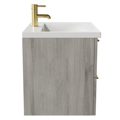 Napoli Molina Ash 600mm Wall Mounted Vanity Unit with 1 Tap Hole Basin and 2 Drawers with Brushed Brass Handles Side View