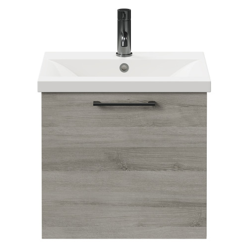 Napoli Molina Ash 500mm Wall Mounted Vanity Unit with 1 Tap Hole Basin and Single Drawer with Gunmetal Grey Handle Front View