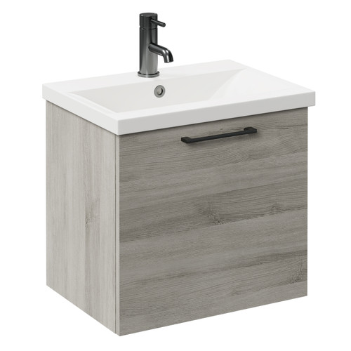 Napoli Molina Ash 500mm Wall Mounted Vanity Unit with 1 Tap Hole Basin and Single Drawer with Gunmetal Grey Handle Left Hand View