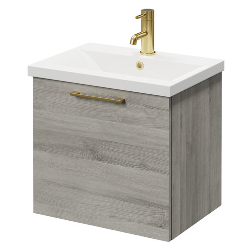 Napoli Molina Ash 500mm Wall Mounted Vanity Unit with 1 Tap Hole Basin and Single Drawer with Brushed Brass Handle Right Hand View