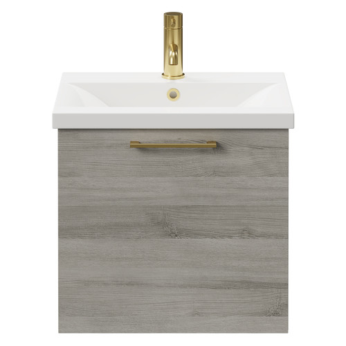 Napoli Molina Ash 500mm Wall Mounted Vanity Unit with 1 Tap Hole Basin and Single Drawer with Brushed Brass Handle Front View