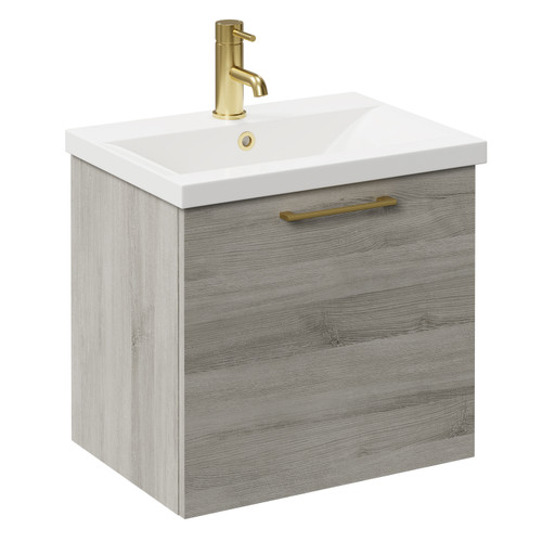 Napoli Molina Ash 500mm Wall Mounted Vanity Unit with 1 Tap Hole Basin and Single Drawer with Brushed Brass Handle Left Hand View