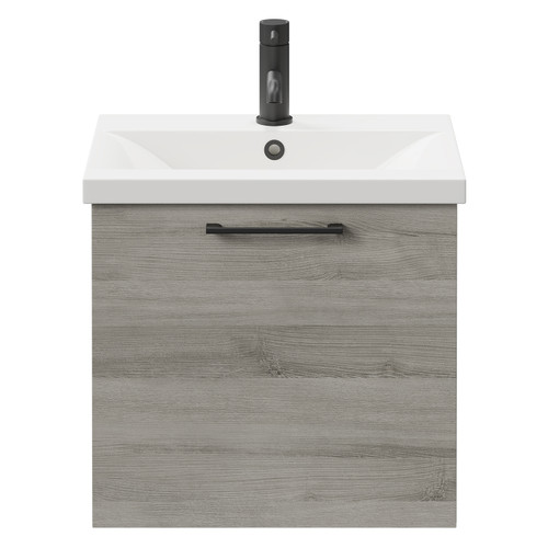 Napoli Molina Ash 500mm Wall Mounted Vanity Unit with 1 Tap Hole Basin and Single Drawer with Matt Black Handle Front View